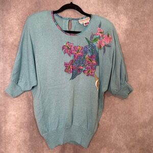 Vintage 80's Anthony Sicari Floral Appliqué Batwing Acrylic Sweater Size‎ 14